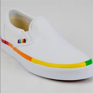 New white rainbow VANS slip on kids 3.5, women’s 5